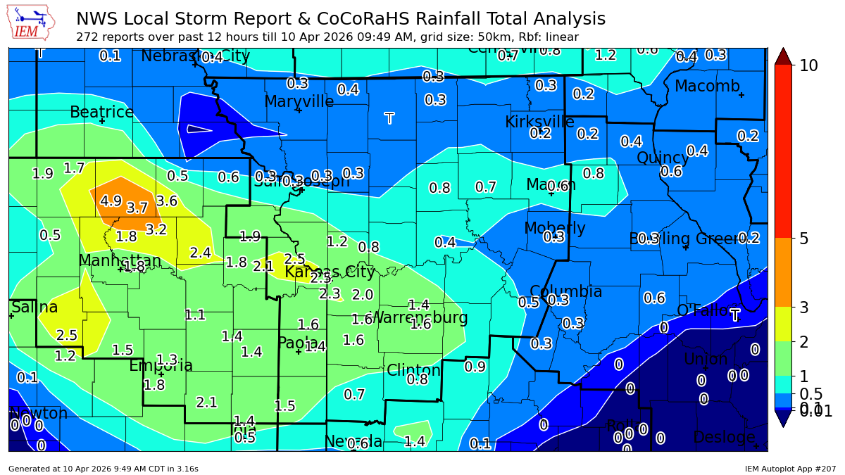 Showers and Thunderstorms rolled through the Kansas City area, dumping as much as 2.5 inches across in parts of the metro, according to data from the Iowa Environmental Mesonet.