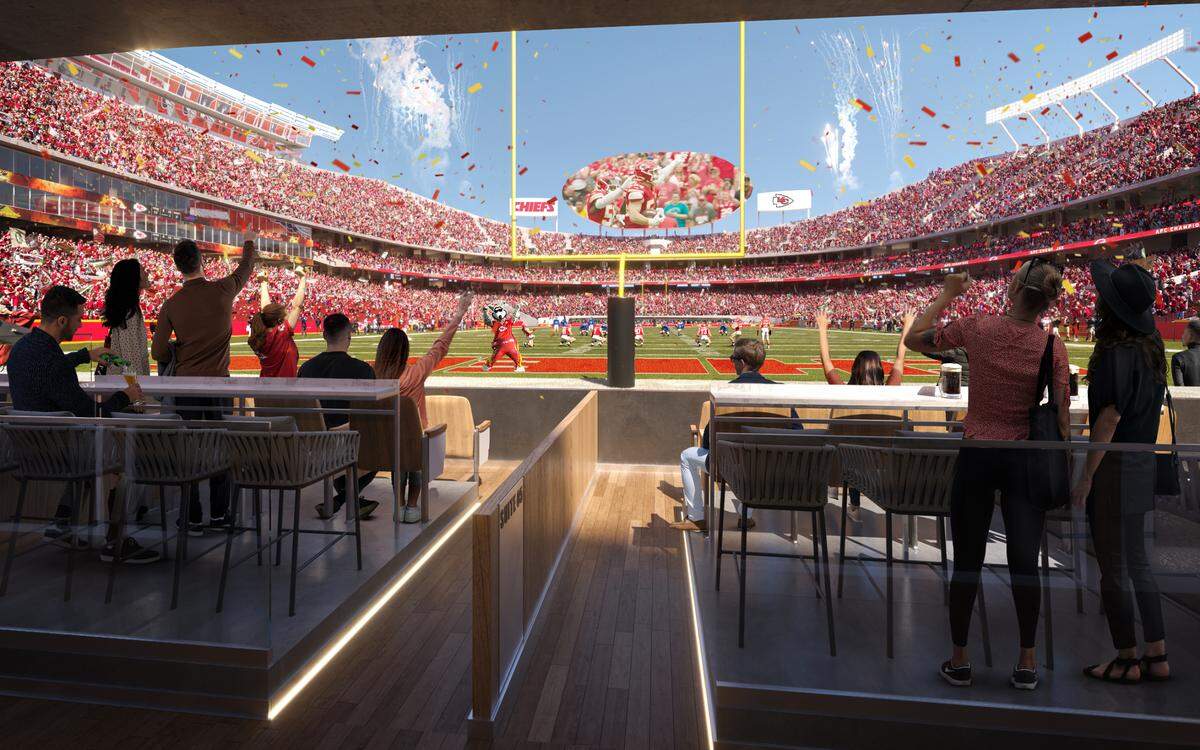 A designer’s rendering shows a the view from an end zone suite at GEHA Field at Arrowhead Stadium.