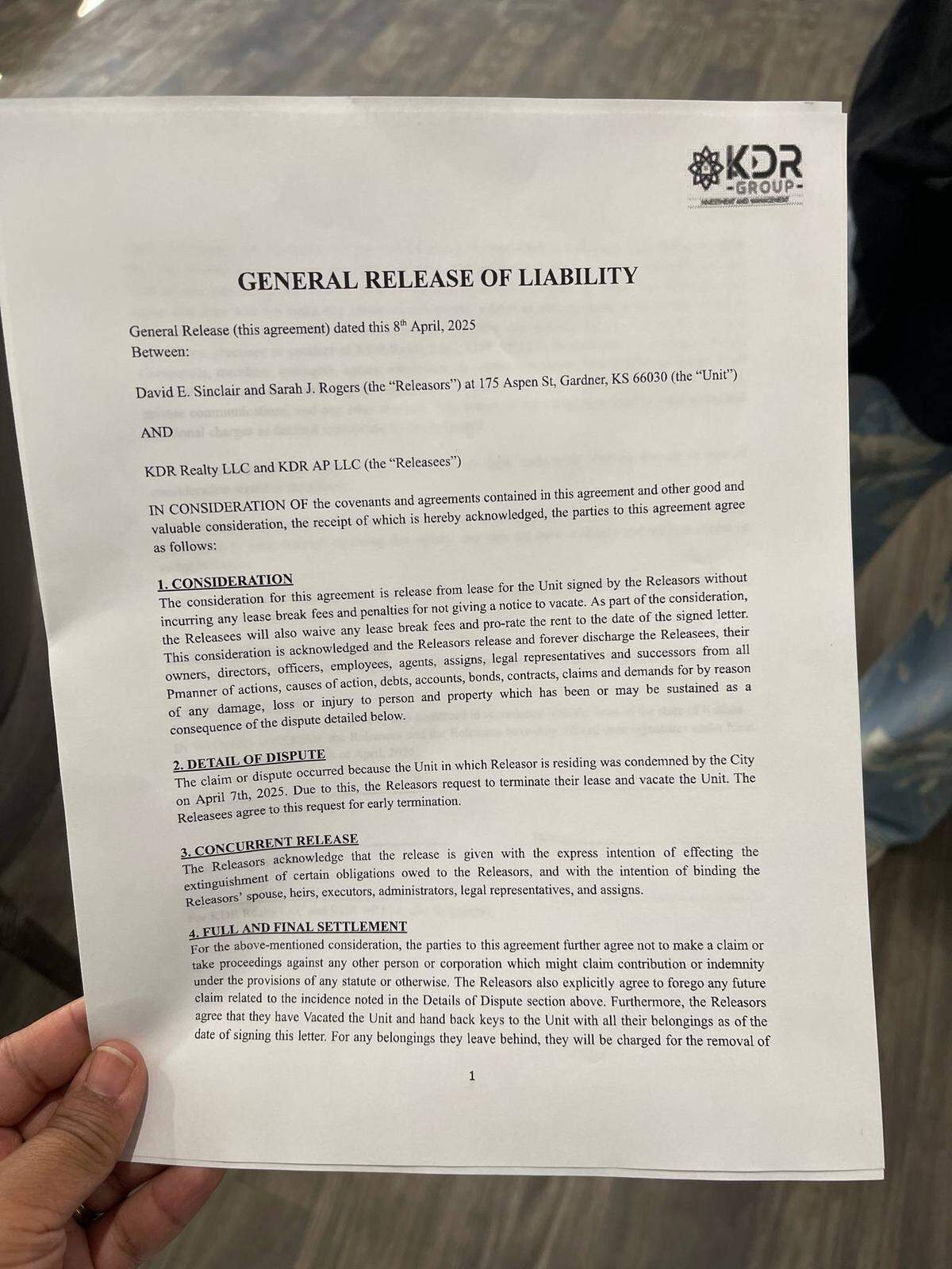 The first page of the liability waiver sent to David Sinclair and Sarah Rogers. They refused to sign.