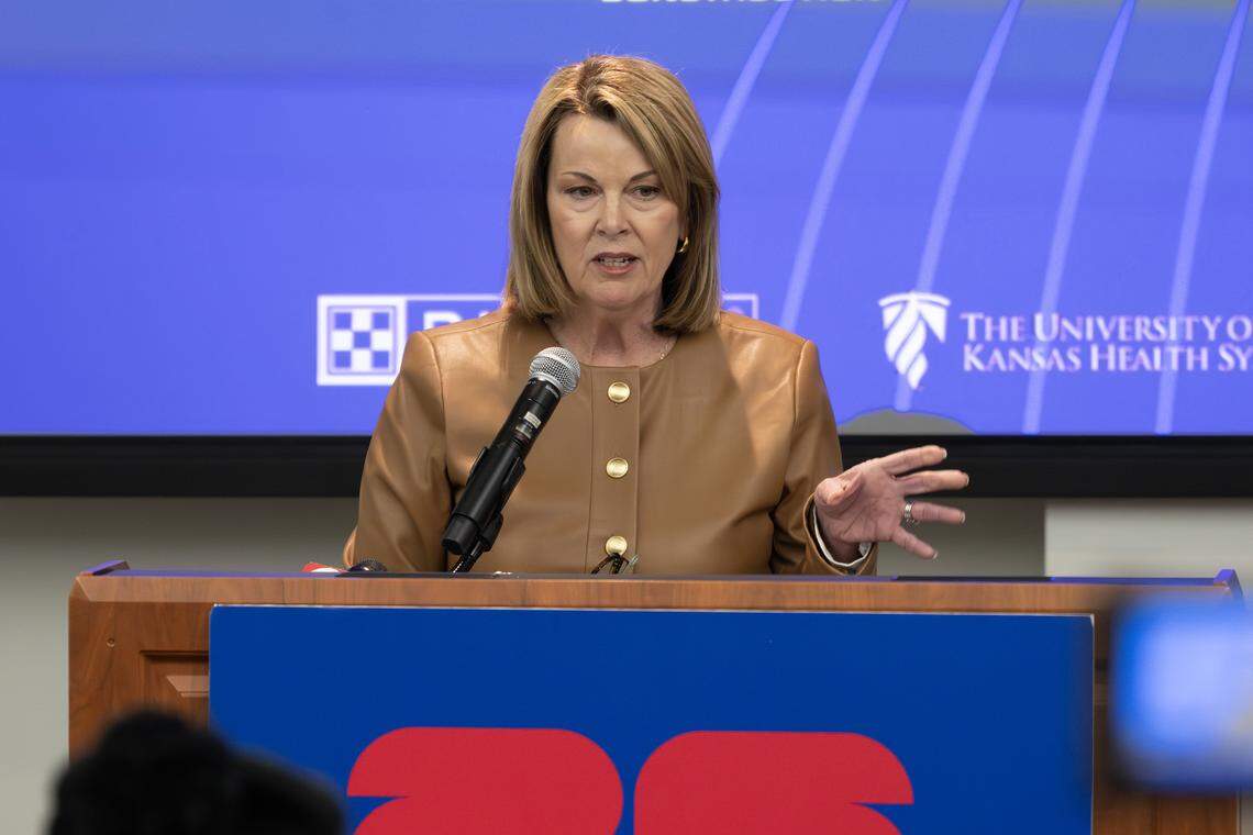 Pam Kramer, chief executive officer of KC, addresses the media during a FIFA World Cup press conference on Tuesday, Feb. 3, 2026, in Kansas City.