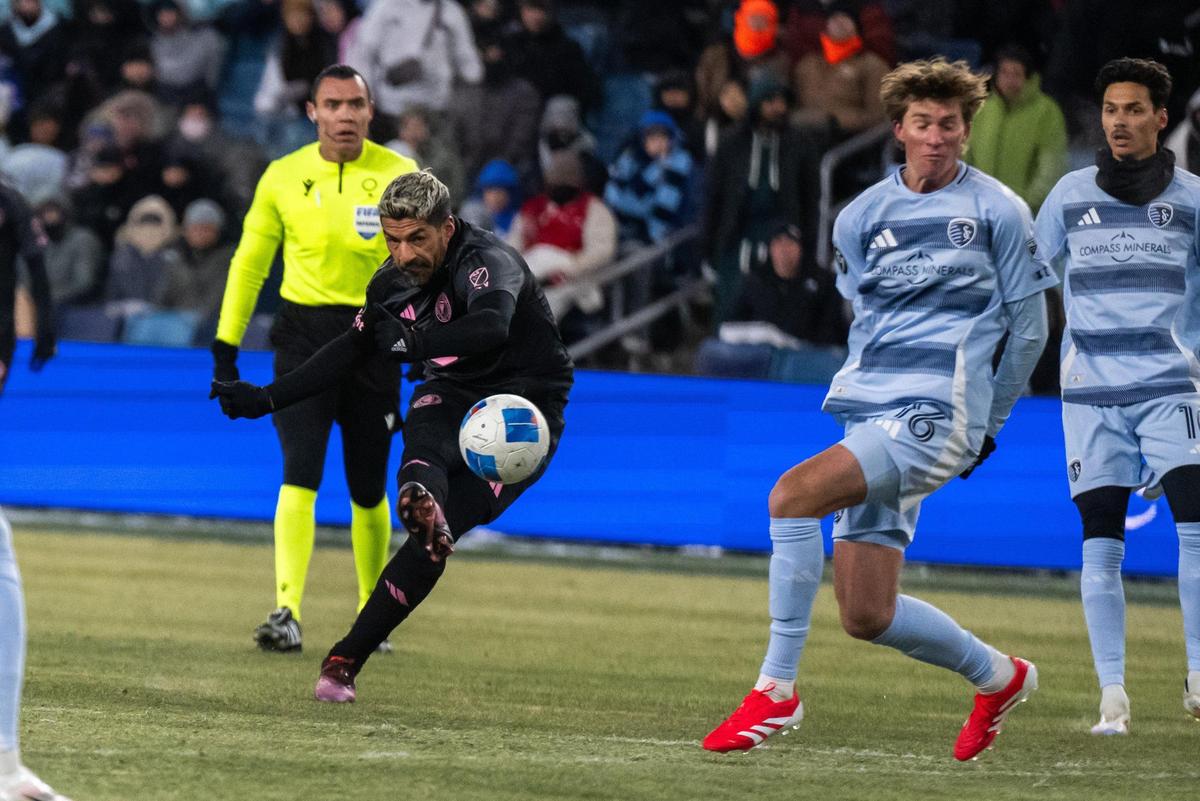 Inter Miami CF forward Luis Suarez takes a shot on goal in the first half of the Concacaf Champions Cup match of Sporting KC vs. Inter Miami CF on Wednesday, Feb. 19, 2025, at Sporting Park.
