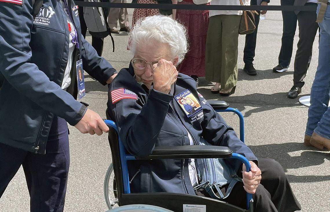 Anna Mae Krier at a D-Day observance in Normandy, France. In 1943 at age 17, she went to work for Boeing in Seattle, building B-29 bombers.