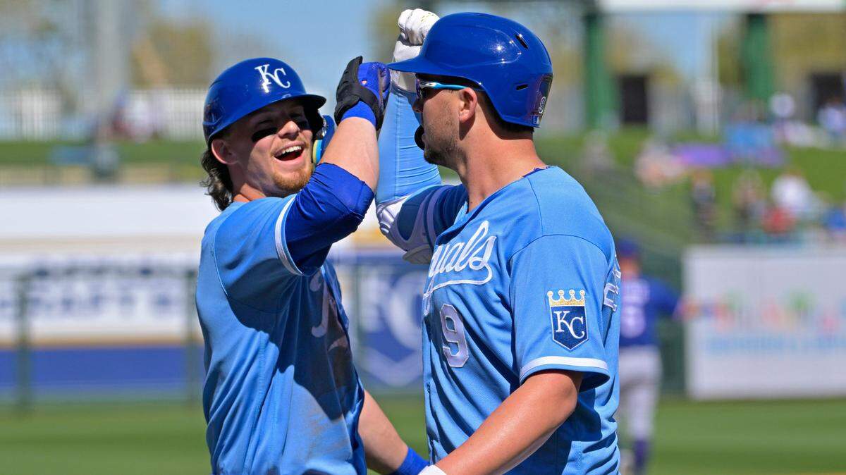 Royals first baseman Vinnie Pasquantino, right, is congratulated by shortstop Bobby Witt Jr. after hitting a two-run homer during a spring training game in February of this year at Surprise, Arizona.