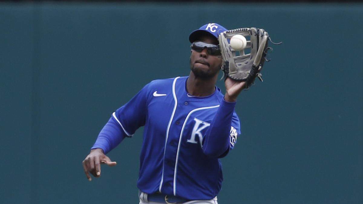Kansas City Royals center fielder Michael A. Taylor makes a catch for an out on a fly ball hit by Detroit Tigers’ Robbie Grossman during the ninth inning of a baseball game in Detroit, Saturday, April 24, 2021. The Royals won 2-1. (AP Photo/Raj Mehta)