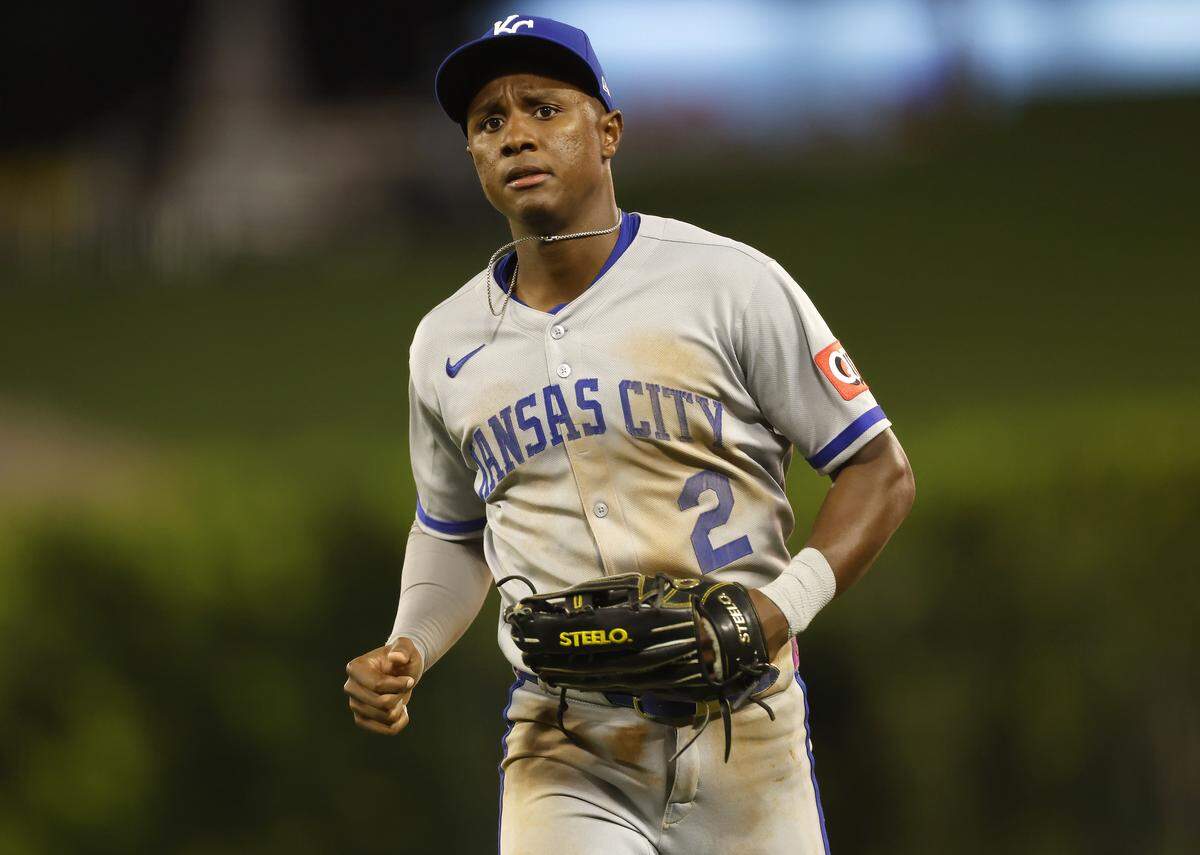 Tyler Tolbert plays for the Royals during a game against the Los Angeles Angels at Angel Stadium of Anaheim in Anaheim, California, on Sept. 23, 2025.