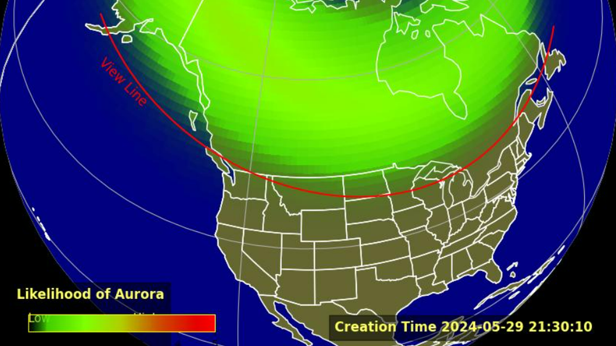 The aurora forecast over North America for May 29, 2024, is seen on the Space Weather Prediction Center’s website.