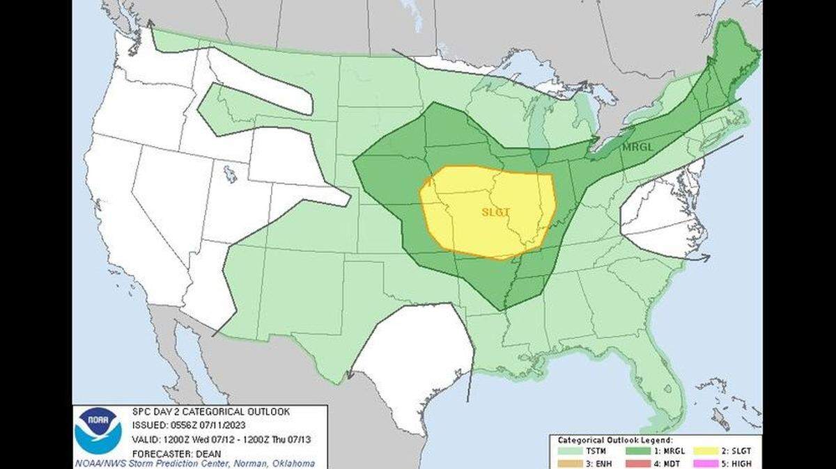 Strong to severe thunderstorms will be possible across much of Missouri and Illinois on Wednesday, according to the National Weather Service’s Storm Prediction Center.