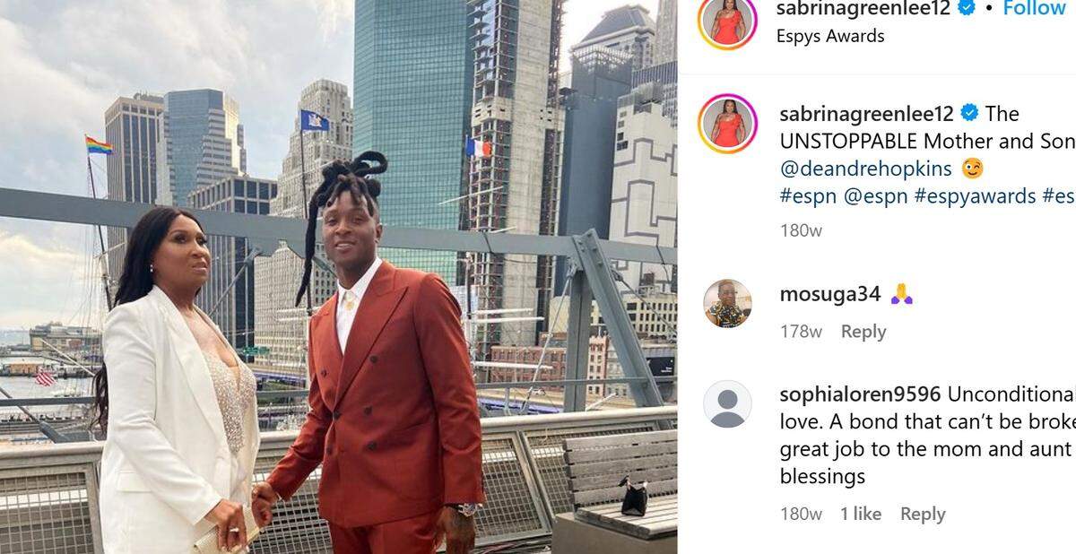 A screengrab from the Instagram page of Sabrina Greenlee, showing a photo with her son DeAndre Hopkins before the ESPY Awards in 2019. Hopkins now plays for the Kansas City Chiefs.