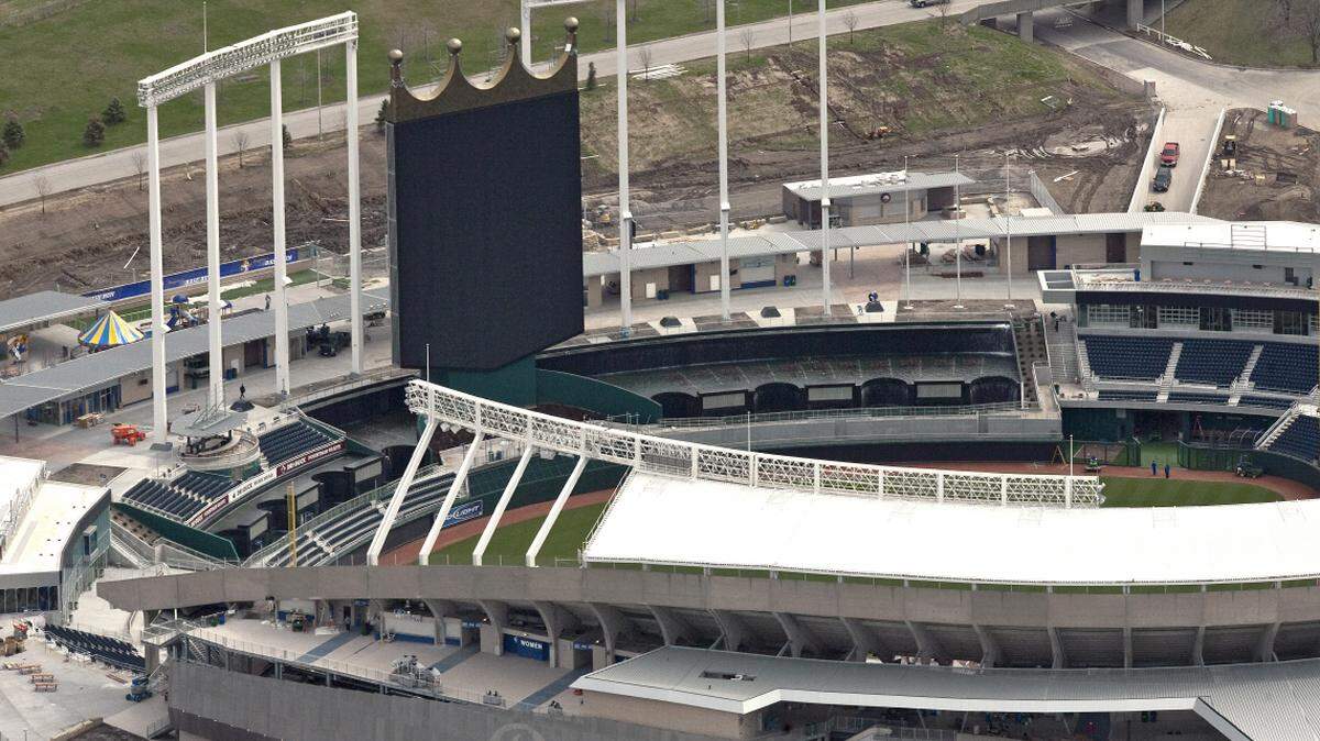 An aerial view of Kauffman Stadium at the Truman Sports Complex.