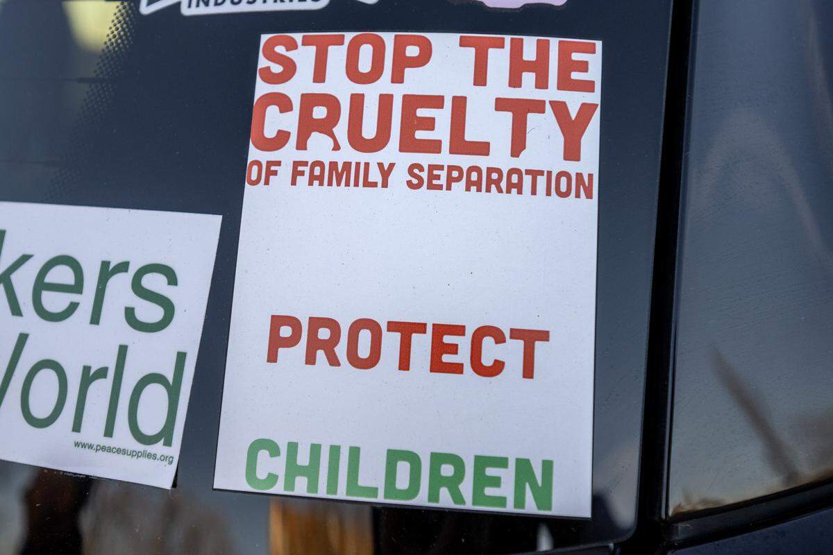 A sticker reading “Stop the cruelty of family separation. Protect children” is displayed on the van of Meahgan Fanning, director of youth services and counseling at the Jewish Vocational Office, on Tuesday, Dec. 16, 2025, in Kansas City.