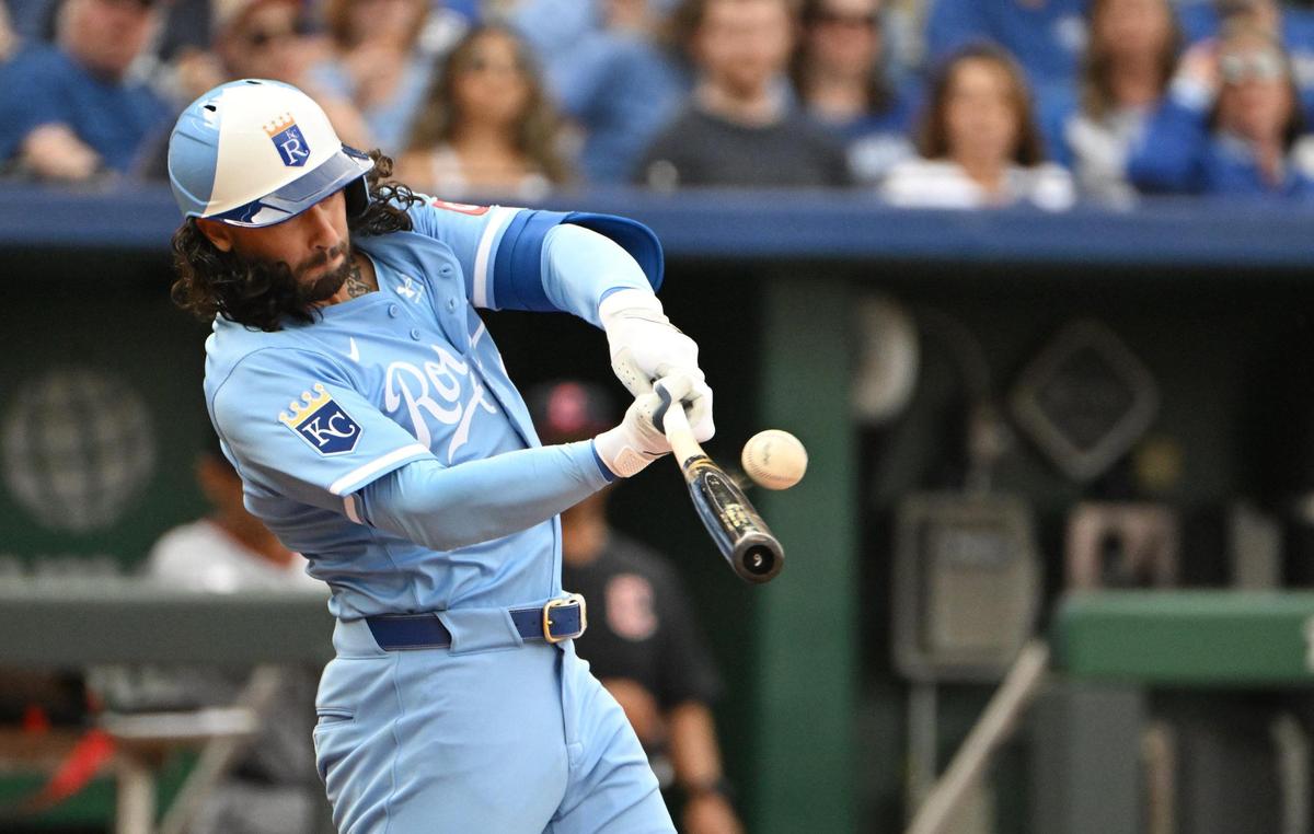 Kansas City Royals second baseman Jonathan India (6) connects in the 5th inning only to fly out against the Cleveland Guardians during the opening day game Thursday, March 27, 2025, at Kauffman Stadium.