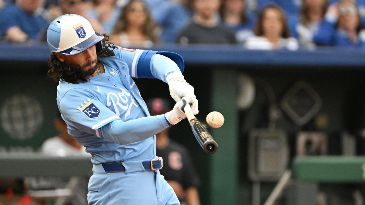Kansas City Royals second baseman Jonathan India (6) connects in the 5th inning only to fly out against the Cleveland Guardians during the opening day game Thursday, March 27, 2025, at Kauffman Stadium.