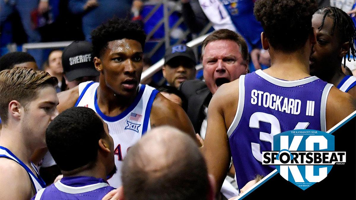 KU coach Bill Self tried to separate players after a brawl broke out at the end of the Kansas-Kansas State basketball game on Tuesday night, January 21, 2020 at Allen Fieldhouse in Lawrence.