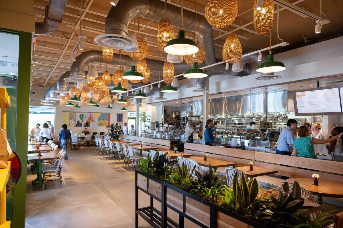 The interior of the new Flower Child restaurant in Prairie Village on Friday, Aug. 7, 2026. It is the first Flower Child location to open in Kansas.
