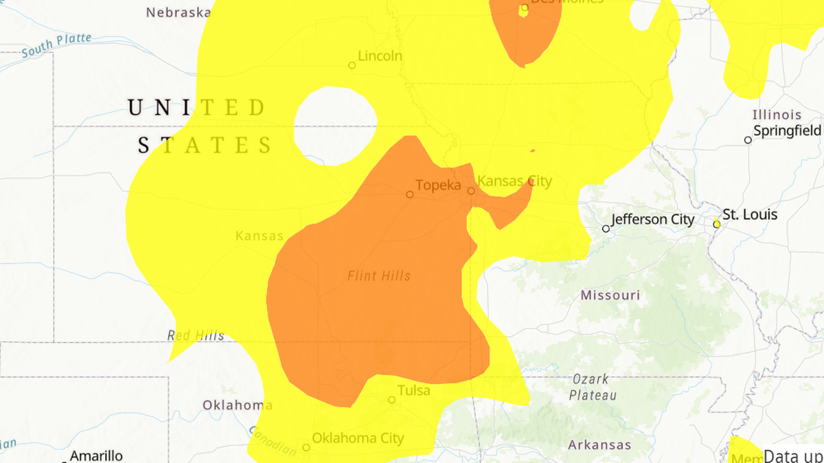 Air pollution caused by wildfire smoke blowing in from Canada is seen on this map from the government air quality tracking site AirNow.gov on Tuesday, May 14. The orange zone, which includes Kansas City, signifies air quality that is unhealthy for sensitive groups.
