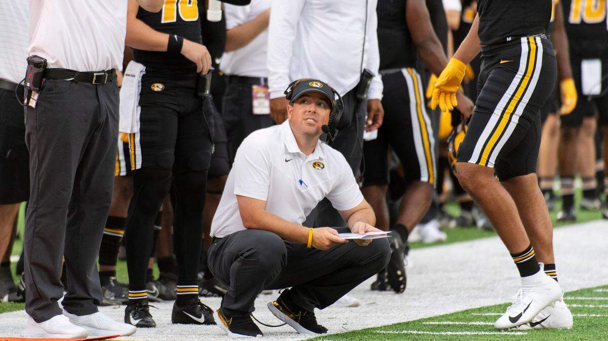Missouri head coach Eliah Drinkwitz watches from the sideline during the fourth quarter of an NCAA college football game against North Texas, Saturday, Oct. 9, 2021, in Columbia, Mo. (AP Photo/L.G. Patterson)