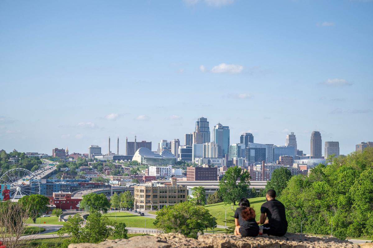 The Kansas City skyline is seen from Penn Valley Park.