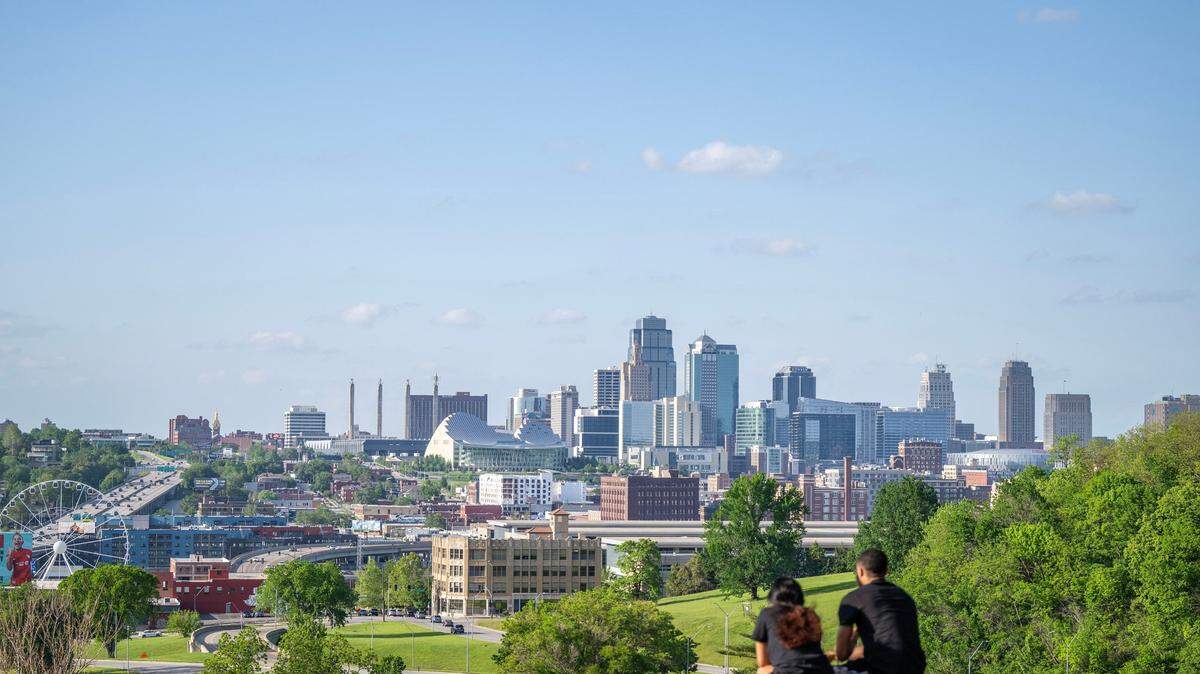 The Kansas City skyline is seen from Penn Valley Park. The National Weather Service in Kansas City issued a heat advisory lasting through Saturday, June 21 with heat indexes expected to reach 100-106 degrees.