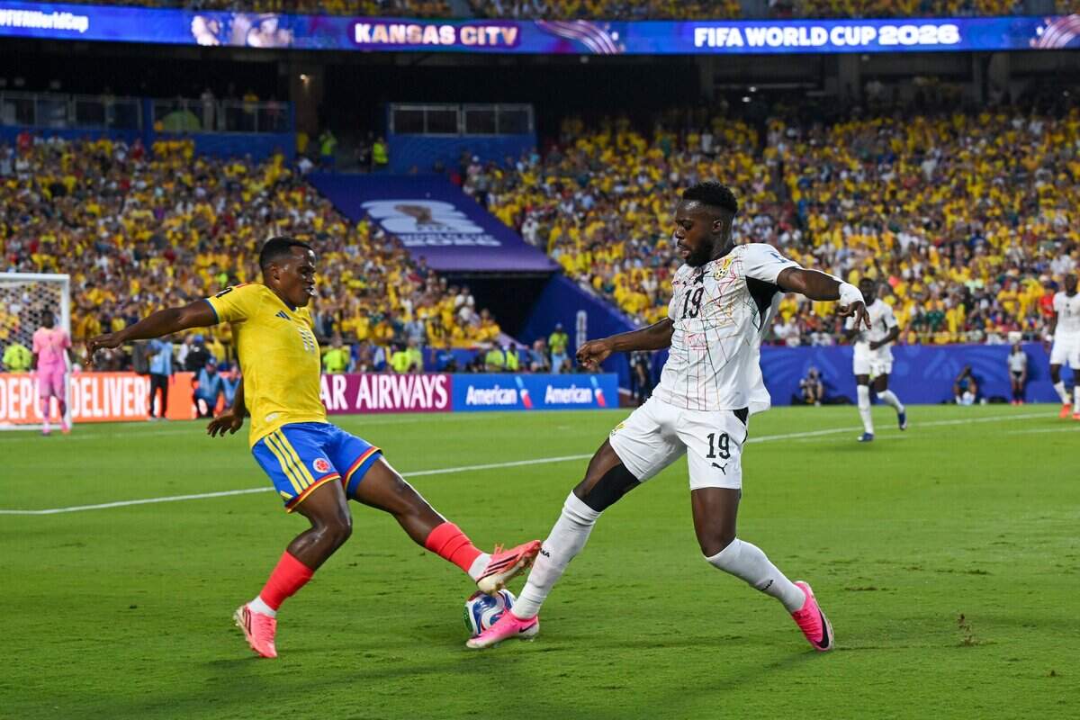 Ghana forward Iñaki Williams (19) looks to maintain procession in the Colombia vs. Ghana 2026 World Cup Round of 32 football match at Kansas City (Arrowhead) Stadium in Kansas City on Friday, July 3, 2026.