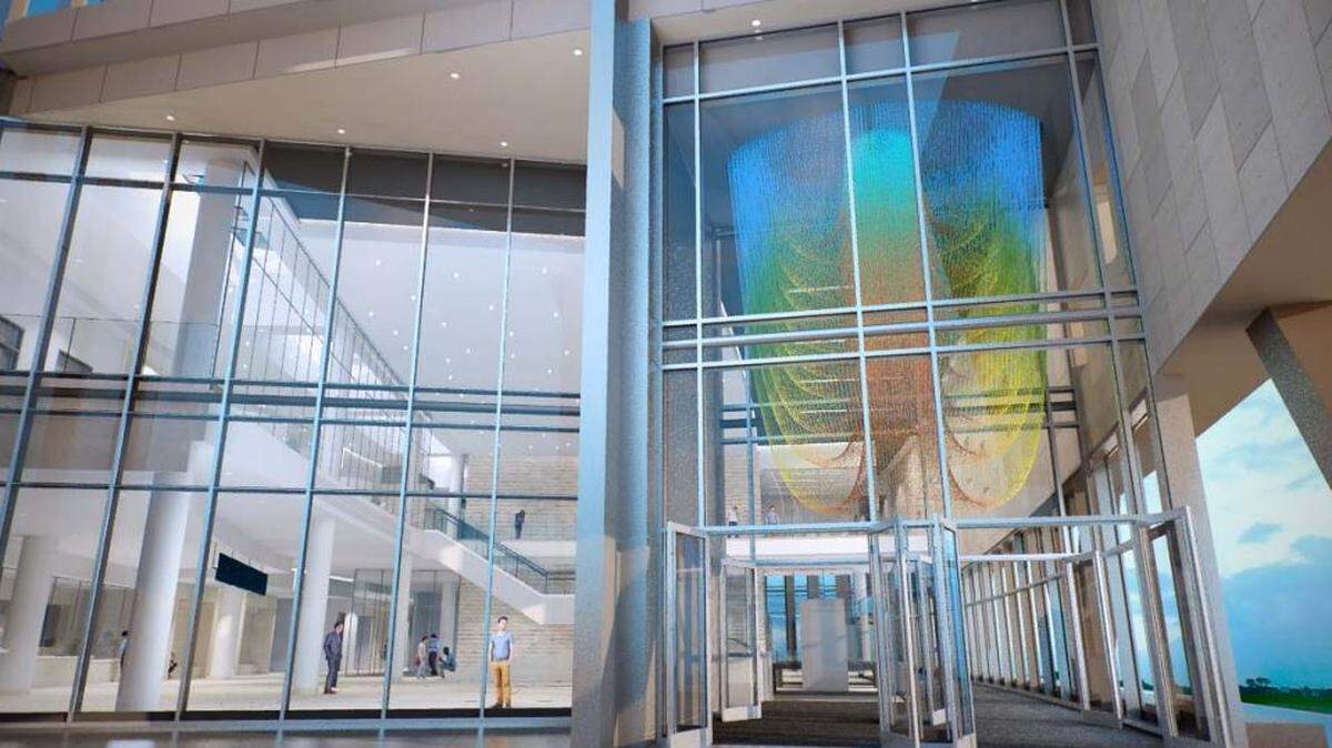 A network of painted ball chains, like the one shown here in this rendering, are forming a colorful piece of art above the entryway of the new Johnson County courthouse that’s under construction north of the current courthouse in Olathe.