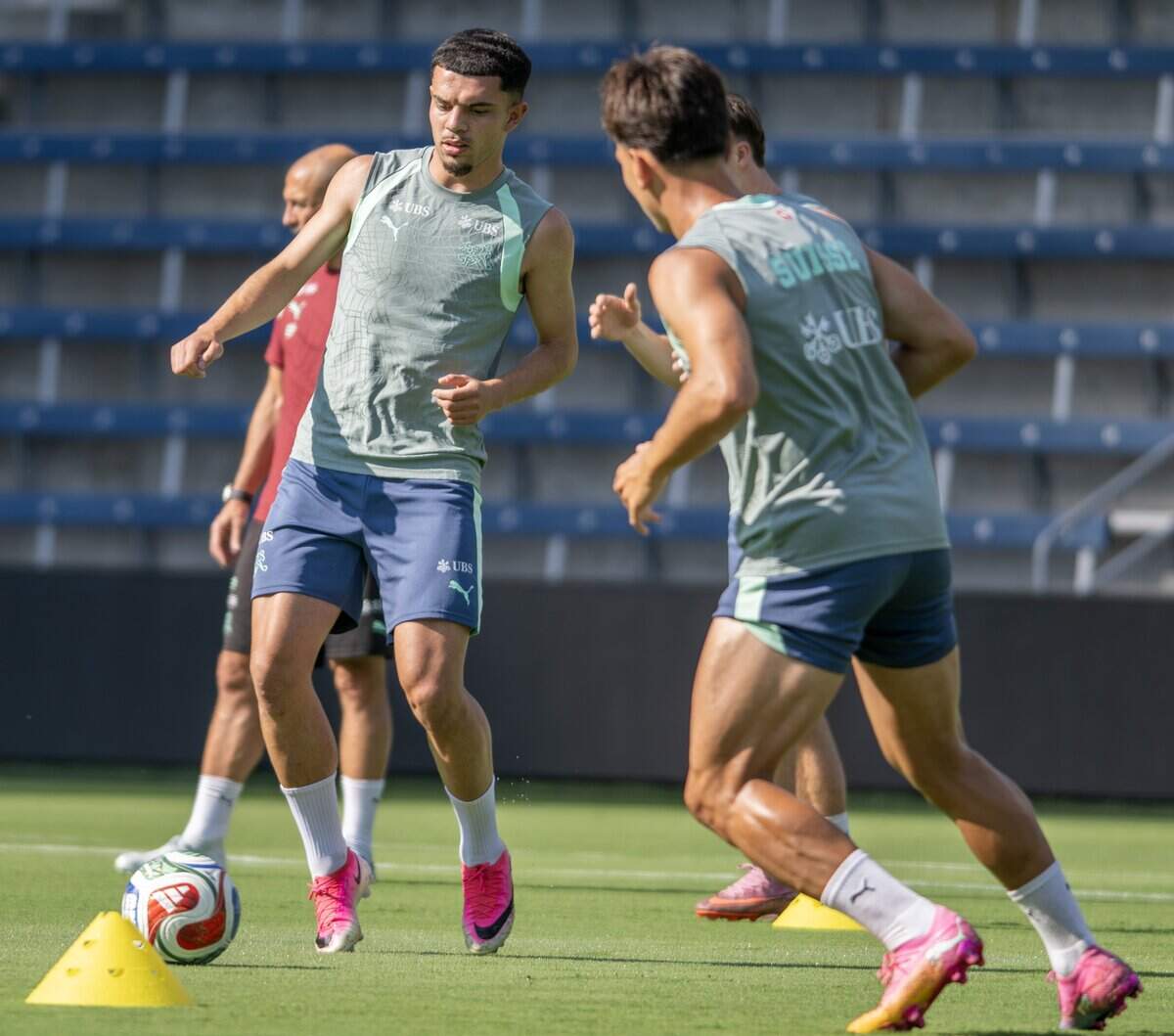 Members of the Switzerland national soccer team run drills during practice at Sporting Park on Thursday, July 9, 2026, in Kansas City, Kansas.