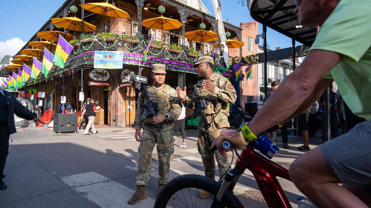 Ahead of this weekend’s Super Bowl, security has been heightened in the French Quarter near Bourbon Street, with patrols by NOPD, Louisiana State Police, the Louisiana National Guard, and federal law enforcement agencies on Wednesday, Feb. 5, 2025, in New Orleans. A New Year’s Day attack killed 14 people in the area when a suspect plowed into the crowd.