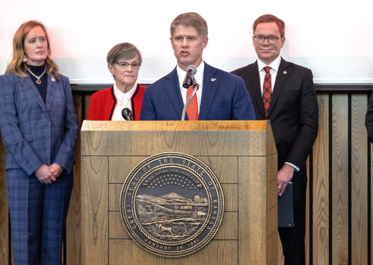 Chiefs owner Clark Hunt addresses the crowd after Governor Laura Kelly announced plans for the team to build a new stadium in Kansas City, Kansas. Hunt spoke in Topeka on Monday, Dec. 22, 2025, following the governor's announcement.