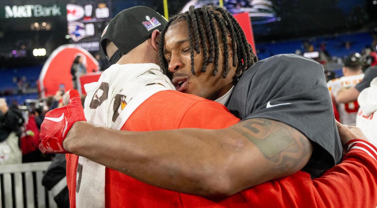 Kansas City Chiefs safety Deon Bush (26) celebrates after the Chiefs defeated the Baltimore Ravens 17-10 in the AFC Championship Game on Sunday, Jan. 28, 2024, in Baltimore.