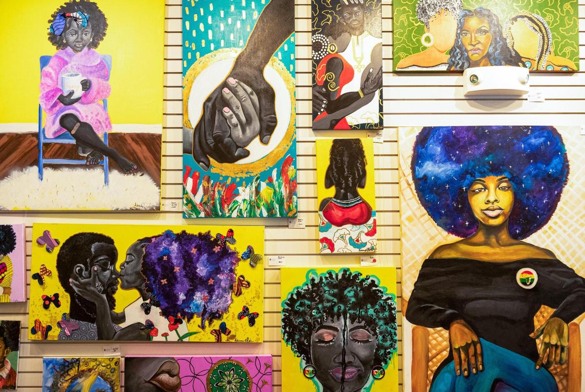Paintings by Adrianne D. Clayton are on display at the Natasha Ria Art Gallery.