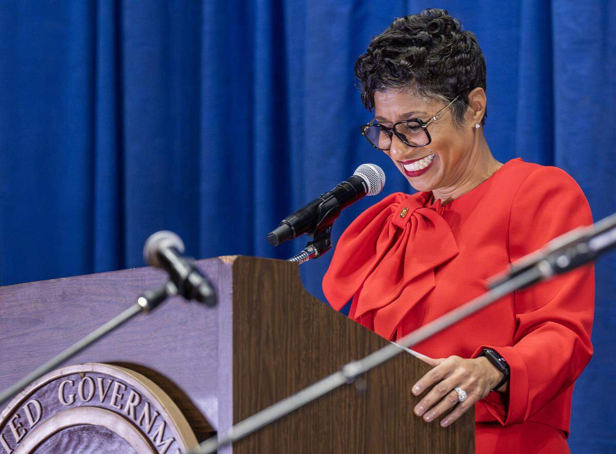 Christal E. Watson smiles while delivering remarks after being sworn in as Wyandotte County Unified Government CEO and mayor during an inauguration ceremony at Memorial Hall, Monday, Dec. 15, 2025, in Kansas City, Kansas.