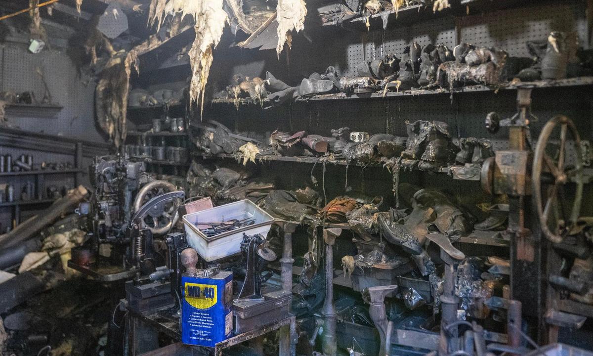 Dozens of leather boots were destroyed in the fire. Barlow estimated he had been working on 60 active jobs.