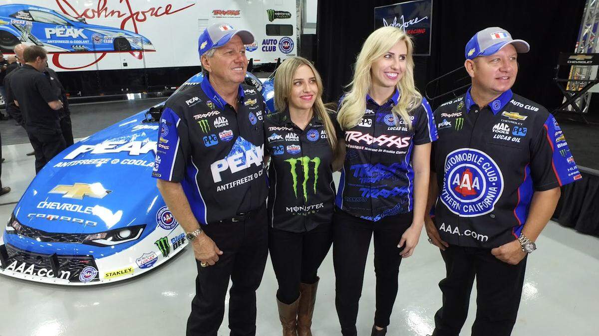 Call them the first family of NHRA drag racing: John Force (from left), two of his four daughters, Brittany and Courtney, and son-in-law Robert Hight all race on the Funny Car circuit.