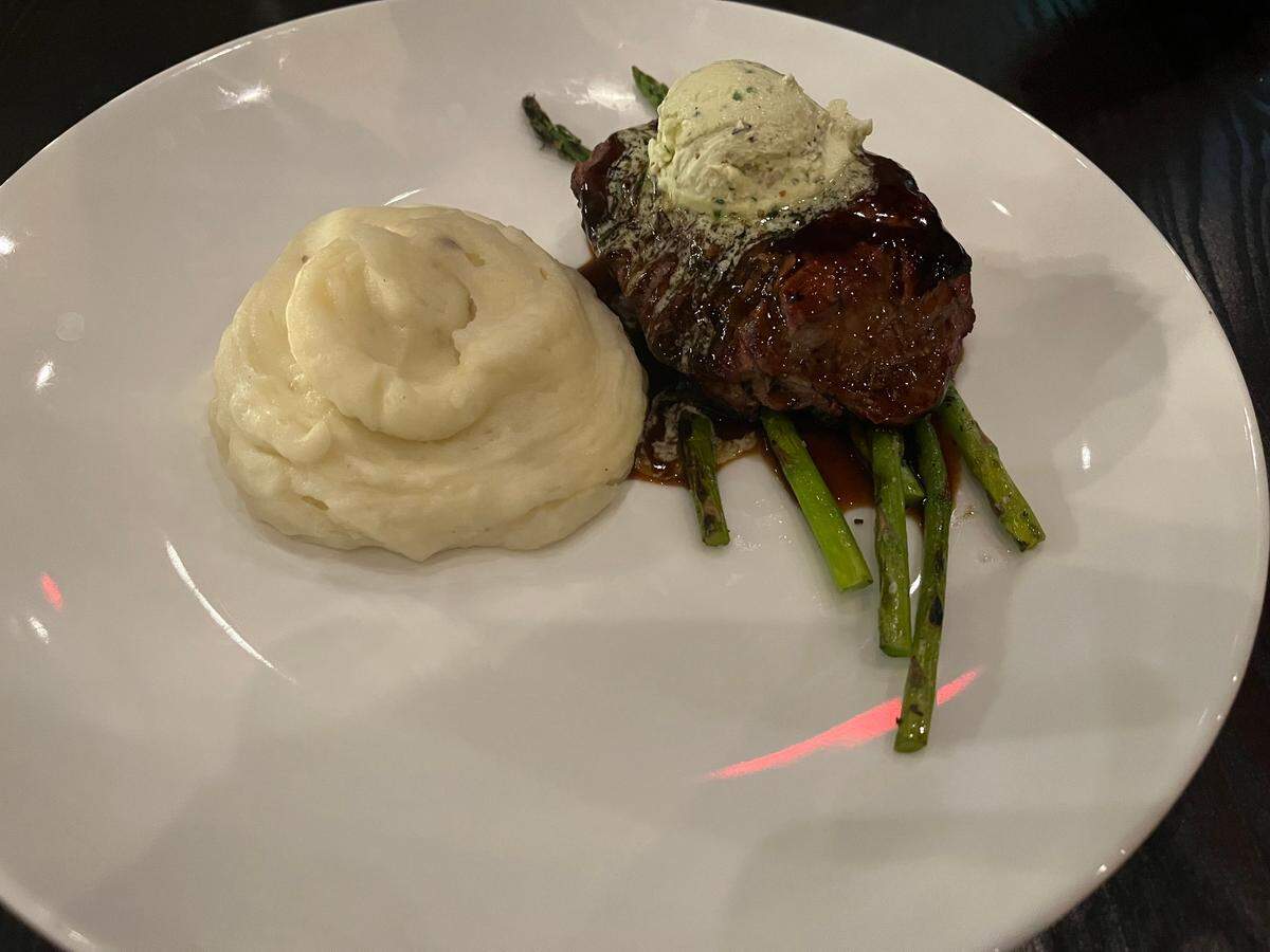 Prima Facie’s filet mignon comes with grass-fed beef tenderloin, marscapone whipped potato, asparagus, bordelaise sauce, tallow maitre’d butter.
