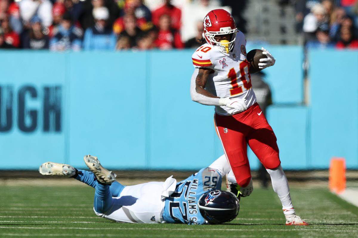 Kansas City Chiefs running back Isiah Pacheco cuts upfield during an NFL Week 16 game against the Titans at Nissan Stadium in Nashville, Tennessee on Sunday, Dec. 21, 2025.