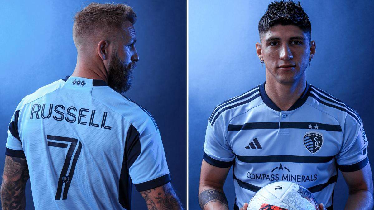 Captain Johnny Russell, left, and striker Alan Pulido model the new Sporting Kansas City kit.