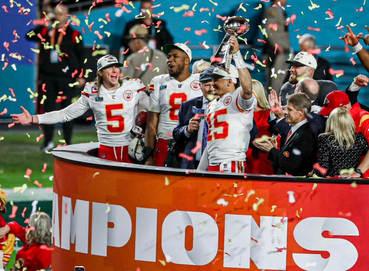 Kansas City Chiefs quarterback Patrick Mahomes hoisted the Lombardi trophy after the Chiefs defeated the Philadelphia Eagles 38-35 to win Super Bowl LVII Sunday, Feb. 12, 2023, in Glendale, Ariz.