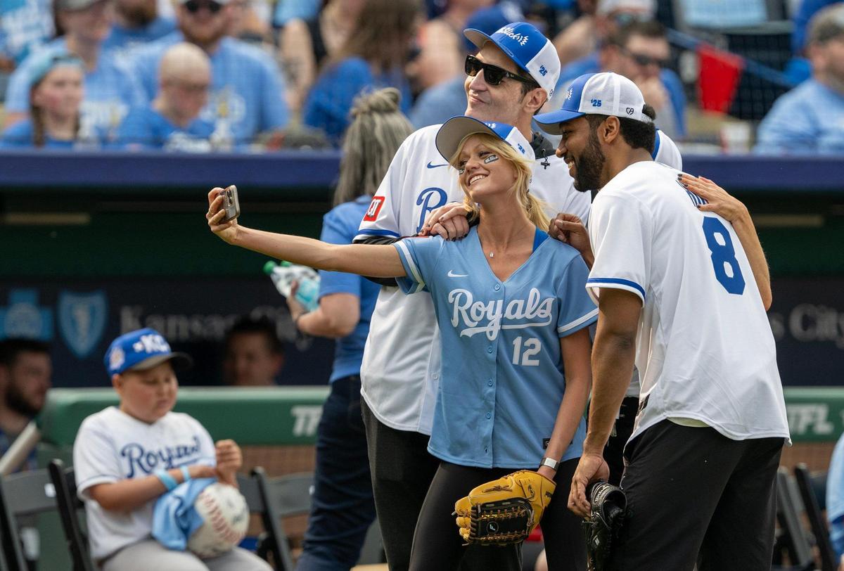 David Dastmalchian, Katherine McNamara and Anthony Hill take a selfie at the Big Slick Celebrity Softball game on Friday, May 30, 2025, at Kauffman Stadium in Kansas City.