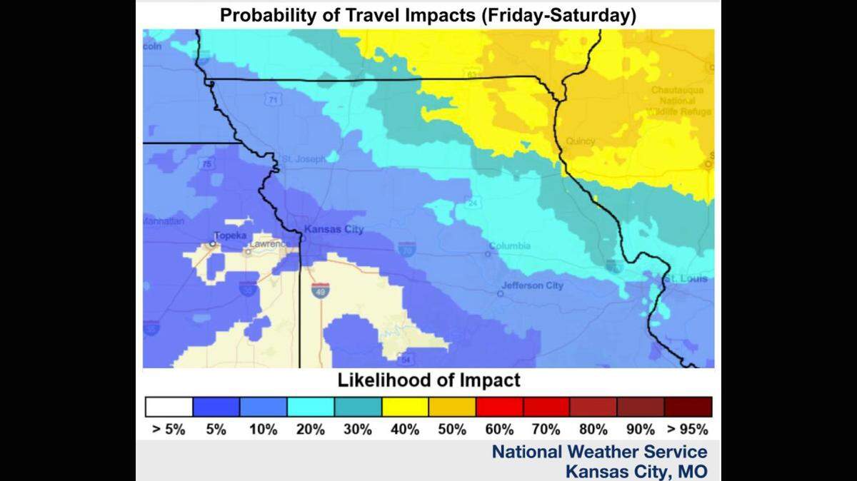There is up to a 50% chance of winter weather travel impacts across north-central and northeast Missouri from Friday through Saturday, according to the National Weather Service. Post-holiday travelers are urged to stay weather-aware and monitor forecasts for updates on potential impacts.
