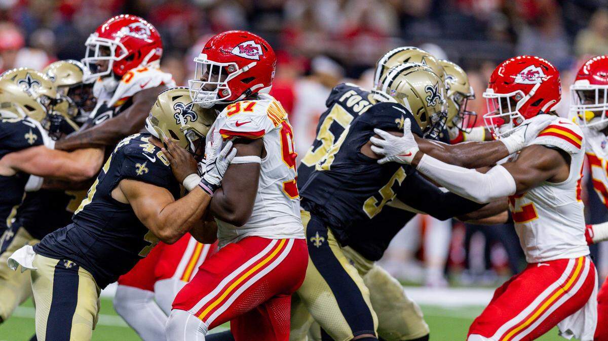 Saints fullback Adam Prentice (No. 46) blocks Kansas City Chiefs defensive end Felix Anudike-Uzomah (No. 97) during the second half of Sunday’s NFL preseason game at the Caesars Superdome in New Orleans.