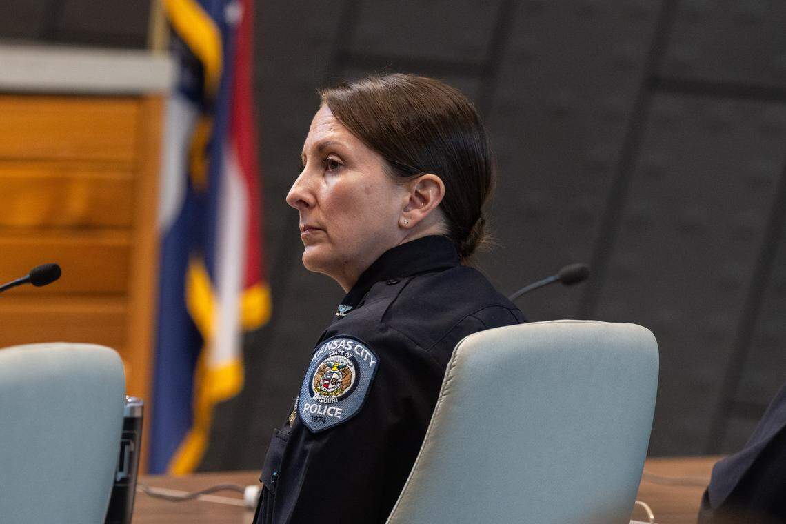KCPD Chief of Police Stacey Graves listens during the Kansas City Board of Police Commissioners January meeting on Tuesday, January 27, 2026, at KCPD Headquarters.