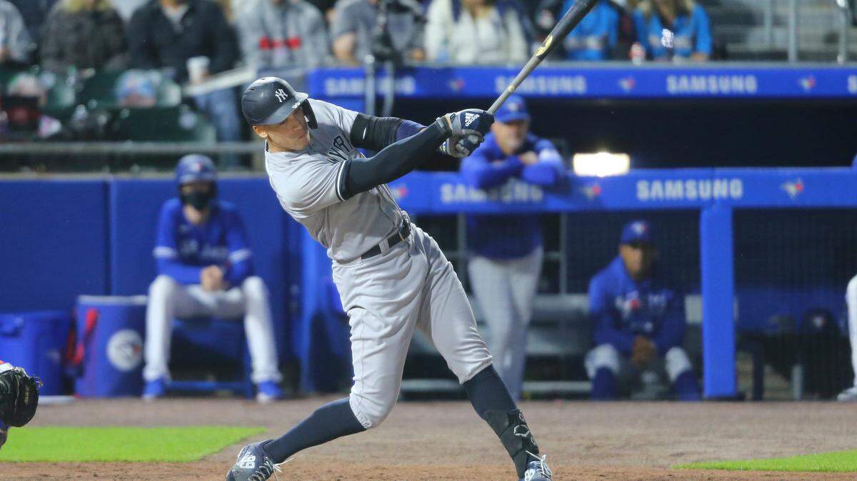 New York Yankees Aaron Judge swings at a pitch during the seventh inning of a baseball game against the Toronto Blue Jays, Wednesday, June 16, 2021, in Buffalo, N.Y. (AP Photo/Jeffrey T. Barnes)