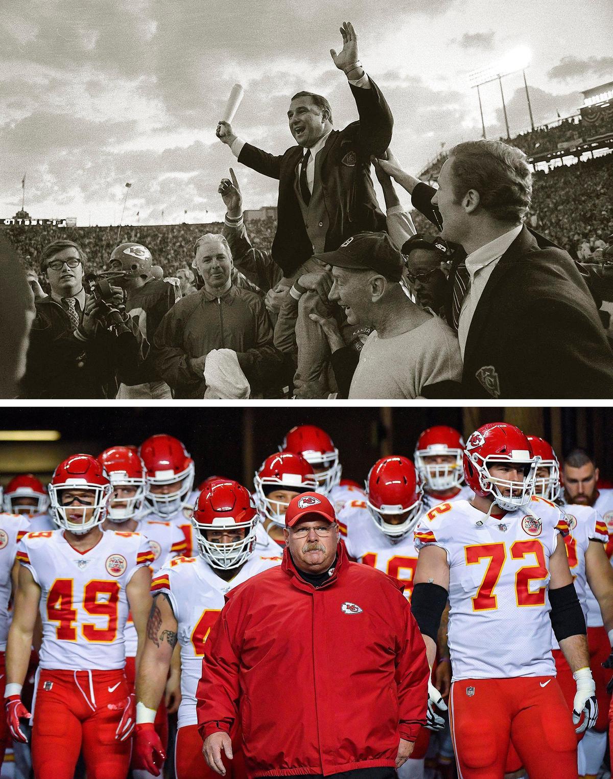 Kansas City Chiefs head coaches Hank Stram, top, and Andy Reid. (Stram photo by The Associated Press, Reid photo File/The Kansas City Star)