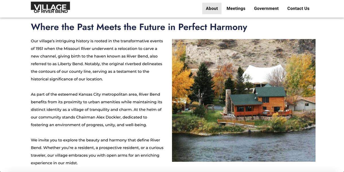 A screenshot of the Village of River Bend’s website, which featured a photograph of the River’s Bend Lodge in Montana. The photograph was later removed after a reporter from The Star asked about it.