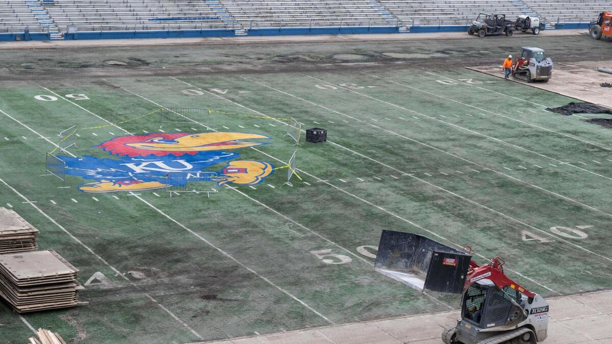 Football turf is set at David Booth Kansas Memorial Stadium | Kansas ...