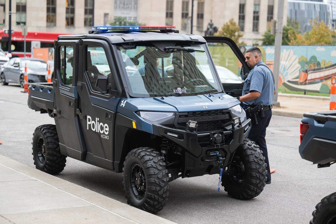 KCPD unveiled new UTVs or Utility Task Vehicle or Utility Terrain Vehicles at KCPD Headquarters, on Tuesday, Oct. 7, 2025, in Kansas City. The vehicles will be used primarily downtown and will be part of the ‘walking beat,’ with the ability to fit into tighter spaces and pursue over longer distances.