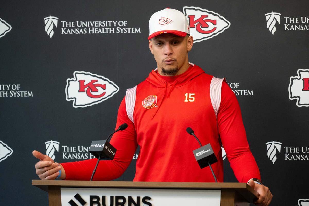 Kansas City Chiefs quarterback Patrick Mahomes addresses the media prior to Chiefs practice on Wednesday, Nov. 19, 2025.
