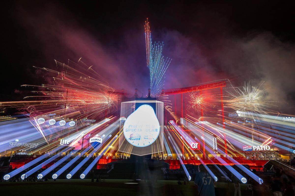 A lens zoom effect captures the fireworks and drone show Wednesday at Kauffman Stadium after the Kansas City Royals’ 4-2 victory over the Tampa Bay Rays.