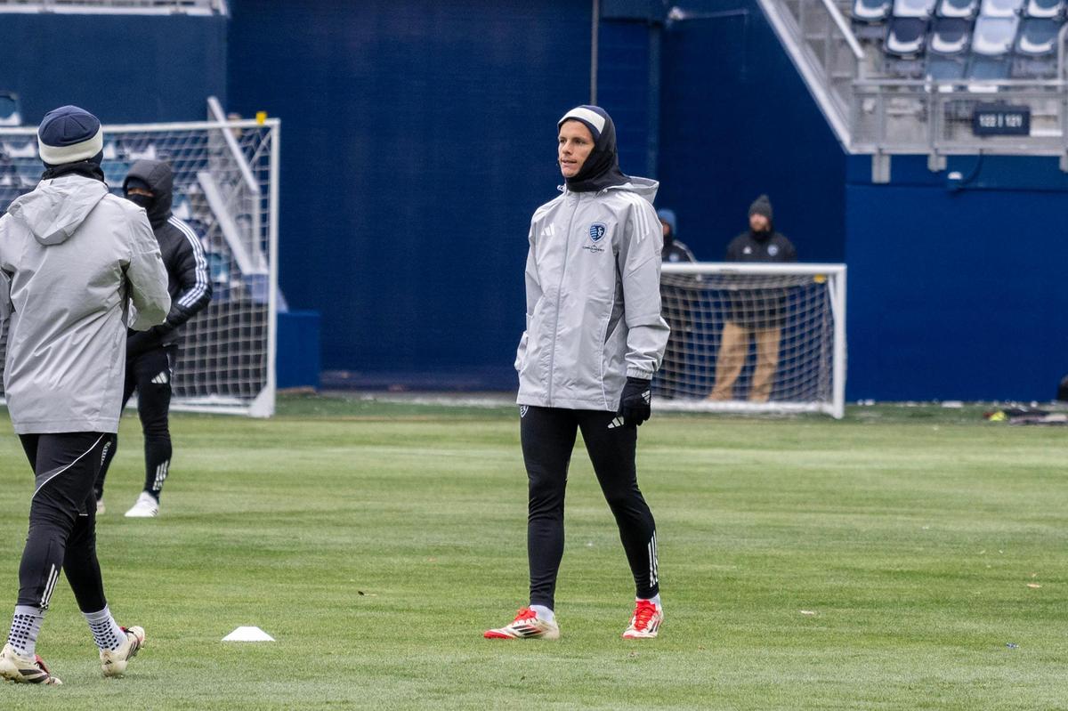 Wearing an extra layer or two, new Sporting Kansas City forward Dejan Joveljic goes through drills during practice at Children’s Mercy Park on Friday, Feb. 14, 2025, in Kansas City, Kansas.
