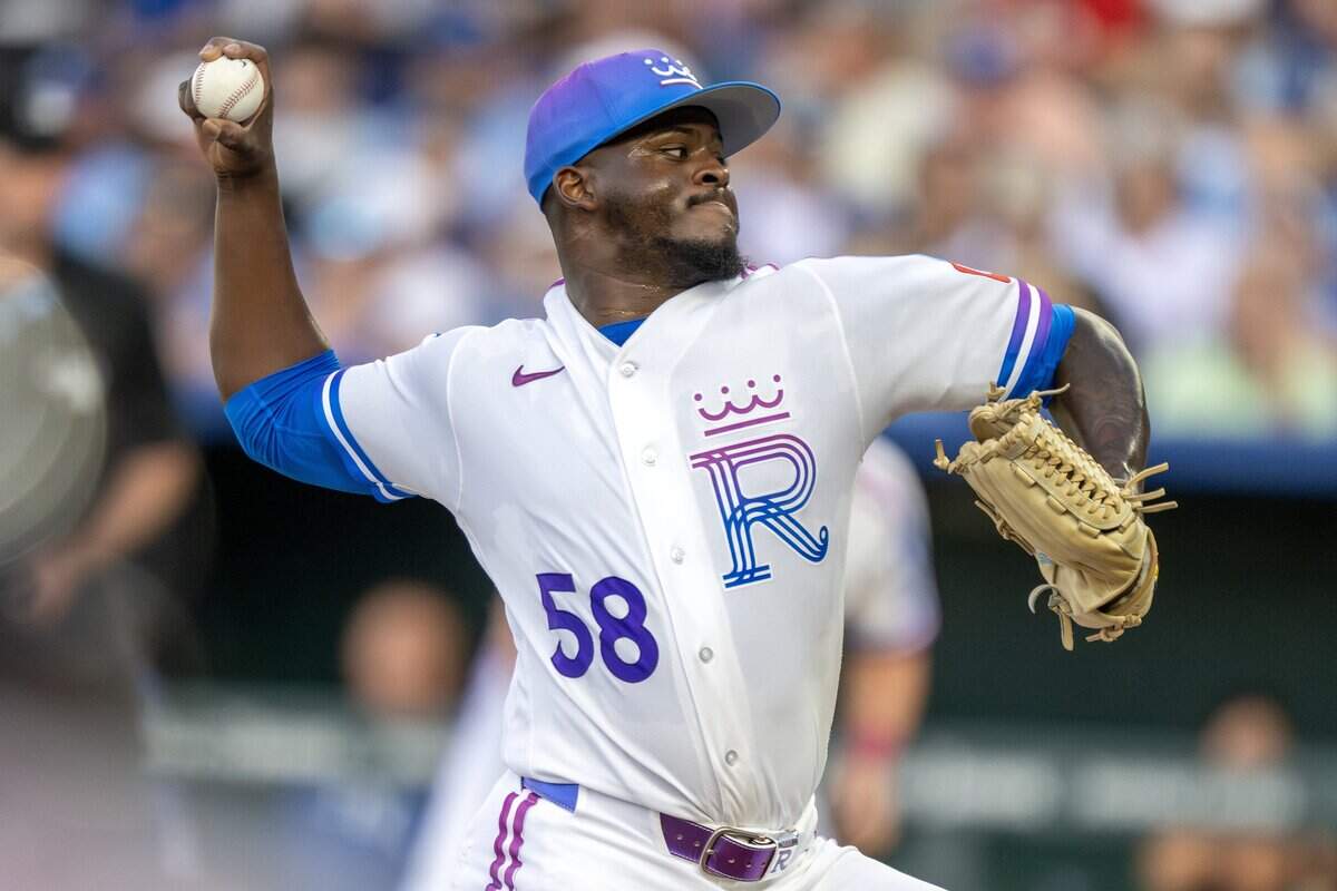Wearing the Kansas City Royals' new "Forever Fountains" City Connect uniform, pitcher Luinder Avila (58) throws in the first inning of a game against the Houston Astros on Friday, June 12, 2026, at Kauffman Stadium in Kansas City.