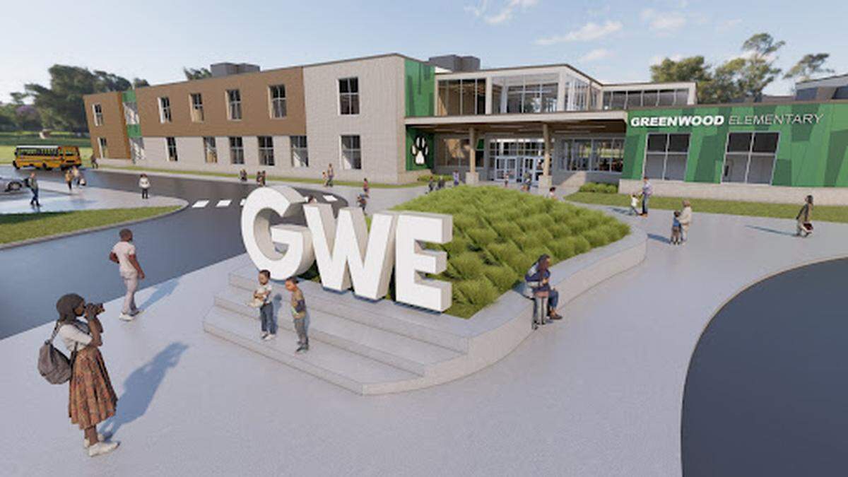 Greenwood Elementary was originally constructed in 1910. It is being replaced by a new school, pictured in this architect’s rendering, with construction beginning by this spring.